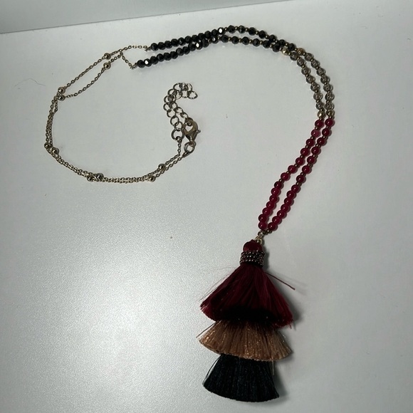Express Long Beaded Triple Tassel Necklace in Red Black & Gold - Picture 3 of 4